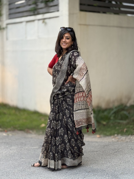 BLACK HAND BLOCK PRINT COTTON KOTA SARI
