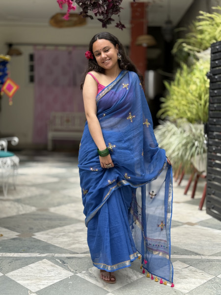 BLUE KOTA COTTON HAND EMBROIDERED SARI