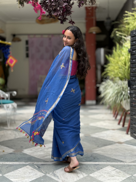 BLUE KOTA COTTON HAND EMBROIDERED SARI
