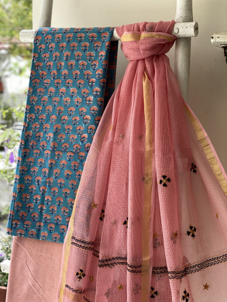 BLUE & PEACH PHULWARI HAND EMBROIDERED KOTA DUPATTA SET
