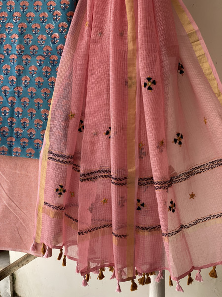 BLUE & PEACH PHULWARI HAND EMBROIDERED KOTA DUPATTA SET