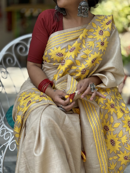 BEIGE KANTHA HAND EMBROIDERED TUSSAR  SILK SARI