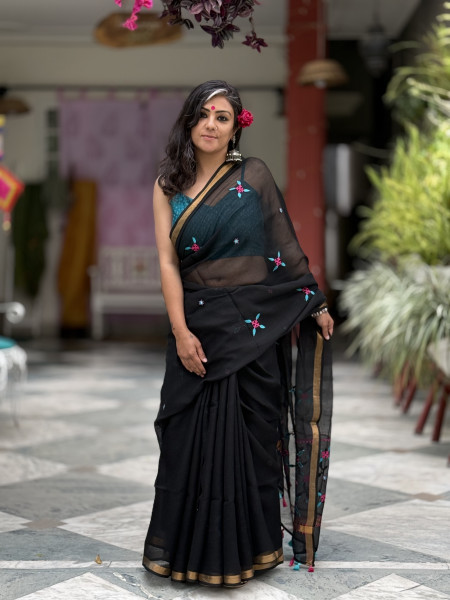 BLACK  KOTA COTTON HAND EMBROIDERED SARI