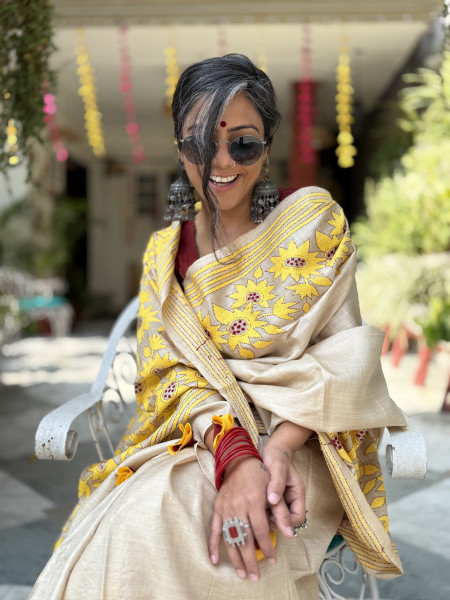 BEIGE KANTHA HAND EMBROIDERED TUSSAR  SILK SARI