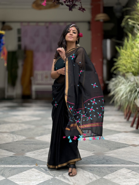 BLACK  KOTA COTTON HAND EMBROIDERED SARI
