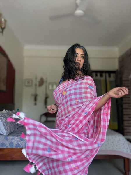 PINK GINGHAM CHECKS WITH HAND PAINTING MULMUL COTTON SARI