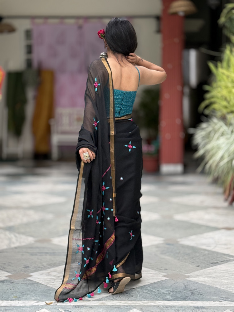 Image of BLACK  KOTA COTTON HAND EMBROIDERED SARI