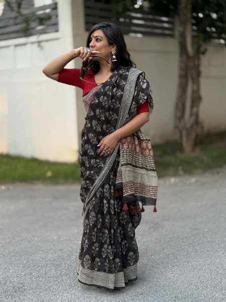 BLACK HAND BLOCK PRINT COTTON KOTA SARI