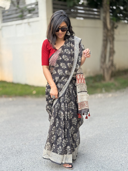 BLACK HAND BLOCK PRINT COTTON KOTA SARI