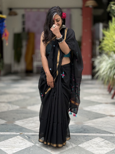 BLACK  KOTA COTTON HAND EMBROIDERED SARI