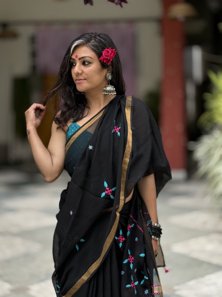 BLACK  KOTA COTTON HAND EMBROIDERED SARI