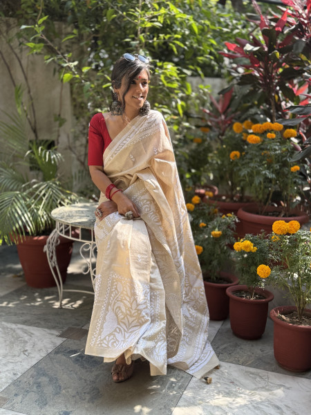 BEIGE KANTHA HAND EMBROIDERED TUSSAR  SILK SARI