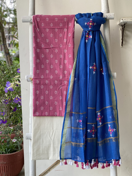 PINK & BLUE PHULWARI HAND EMBROIDERED KOTA DUPATTA SET