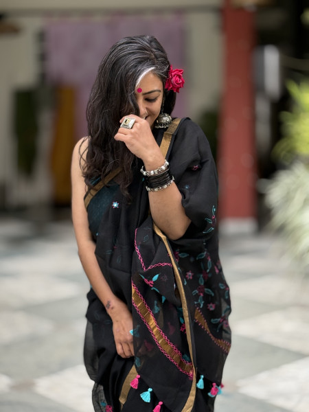 BLACK  KOTA COTTON HAND EMBROIDERED SARI