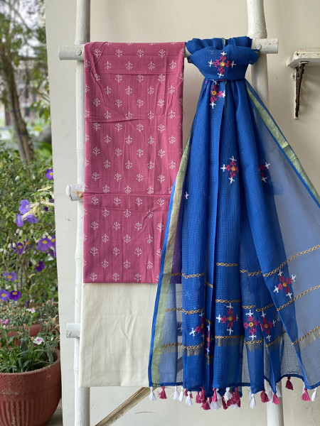 PINK & BLUE PHULWARI HAND EMBROIDERED KOTA DUPATTA SET