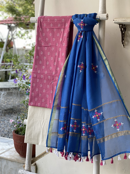 PINK & BLUE PHULWARI HAND EMBROIDERED KOTA DUPATTA SET