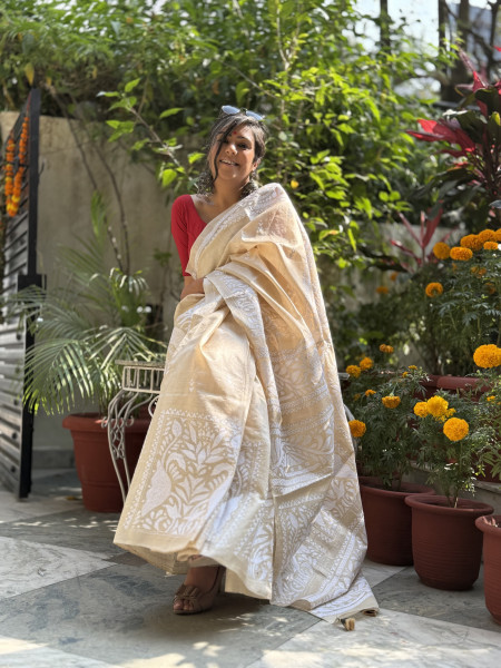 BEIGE KANTHA HAND EMBROIDERED TUSSAR  SILK SARI
