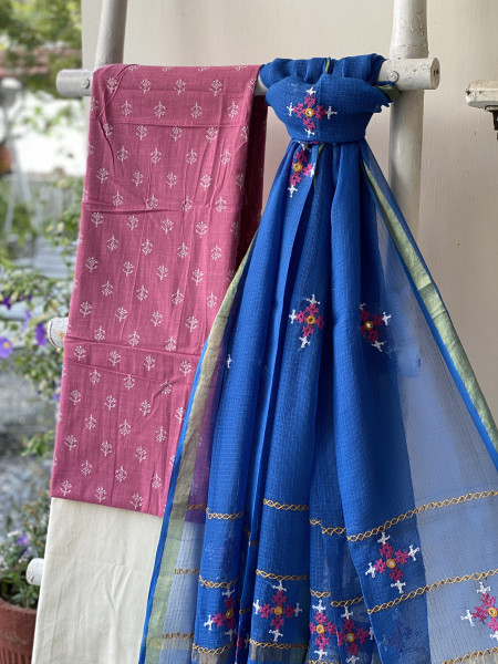 PINK & BLUE PHULWARI HAND EMBROIDERED KOTA DUPATTA SET
