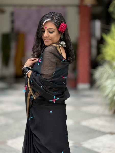 BLACK  KOTA COTTON HAND EMBROIDERED SARI