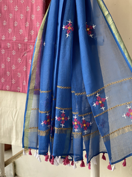 PINK & BLUE PHULWARI HAND EMBROIDERED KOTA DUPATTA SET