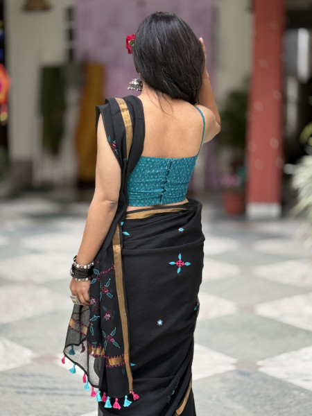 BLACK  KOTA COTTON HAND EMBROIDERED SARI
