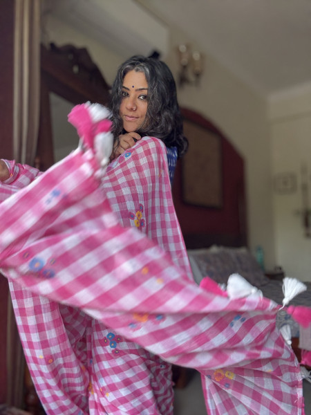 PINK GINGHAM CHECKS WITH HAND PAINTING MULMUL COTTON SARI