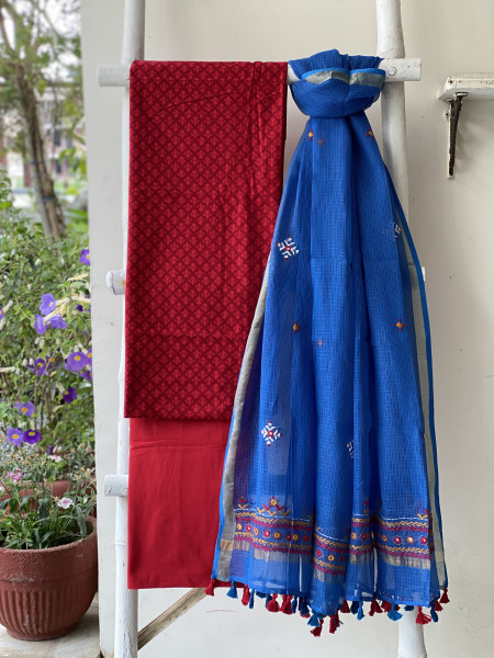 RED & BLUE PHULWARI HAND EMBROIDERED KOTA DUPATTA SET