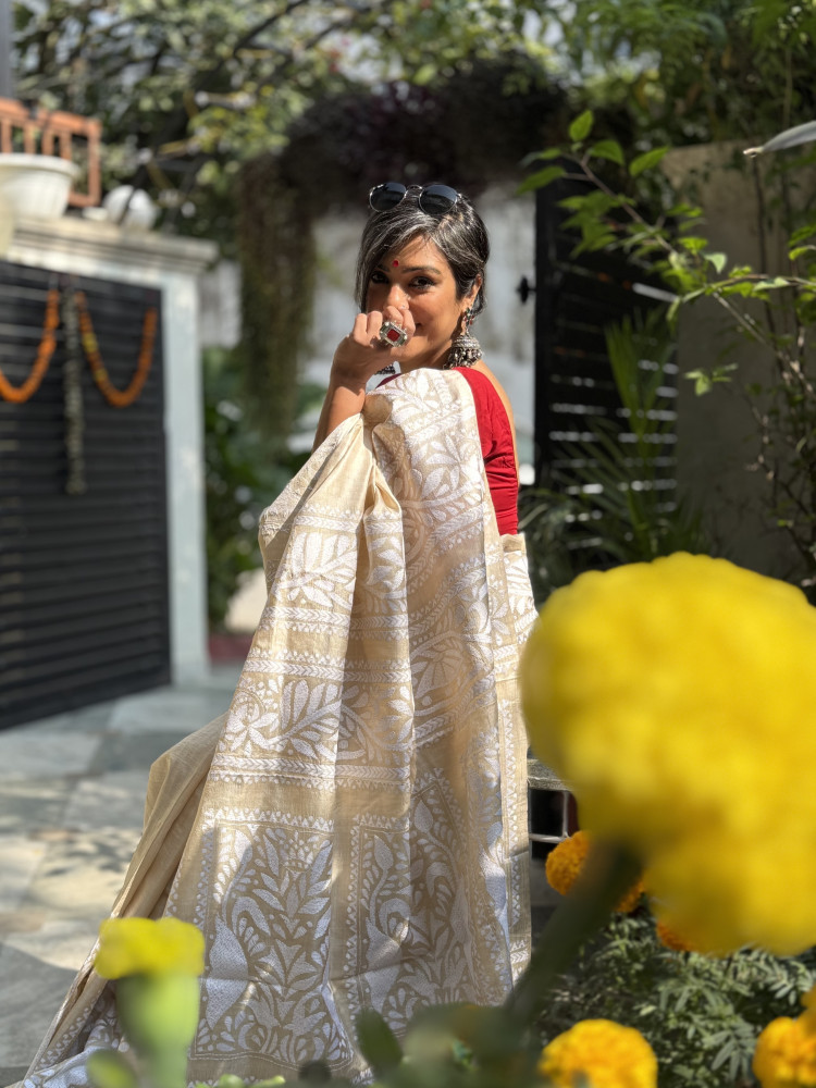 Image of BEIGE KANTHA HAND EMBROIDERED TUSSAR  SILK SARI