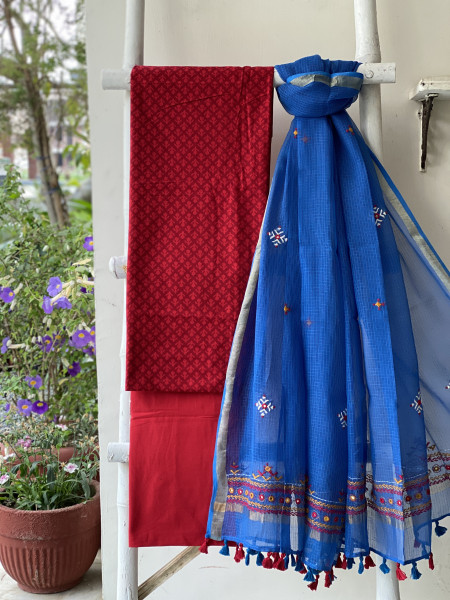 RED & BLUE PHULWARI HAND EMBROIDERED KOTA DUPATTA SET