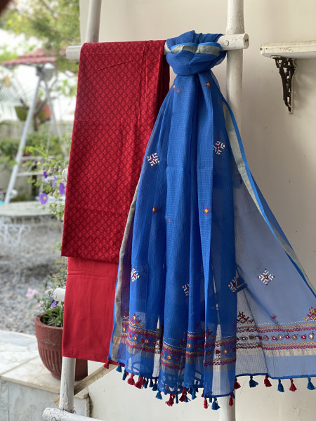 RED & BLUE PHULWARI HAND EMBROIDERED KOTA DUPATTA SET