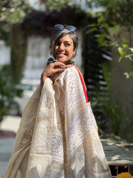 BEIGE KANTHA HAND EMBROIDERED TUSSAR  SILK SARI