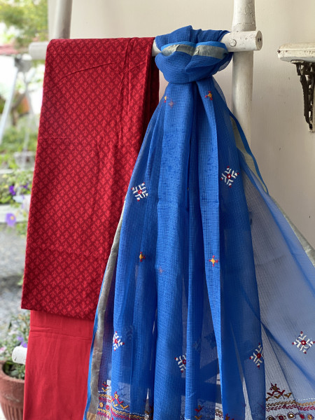 RED & BLUE PHULWARI HAND EMBROIDERED KOTA DUPATTA SET