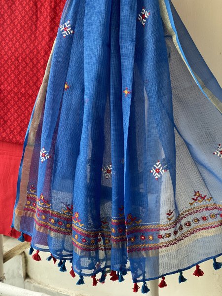 RED & BLUE PHULWARI HAND EMBROIDERED KOTA DUPATTA SET