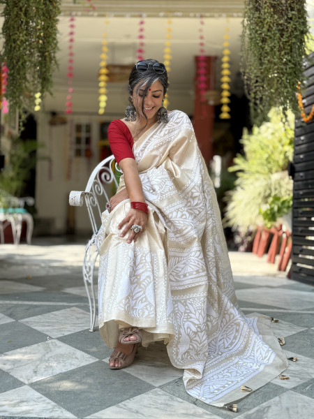 BEIGE KANTHA HAND EMBROIDERED TUSSAR  SILK SARI