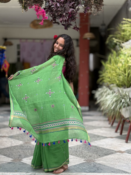 GREEN KOTA COTTON HAND EMBROIDERED SARI