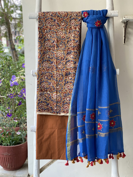 FAWN & BLUE PHULWARI HAND EMBROIDERED KOTA DUPATTA SET