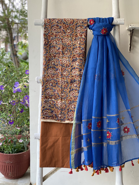 FAWN & BLUE PHULWARI HAND EMBROIDERED KOTA DUPATTA SET