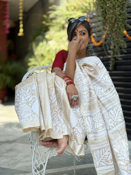 BEIGE KANTHA HAND EMBROIDERED TUSSAR  SILK SARI