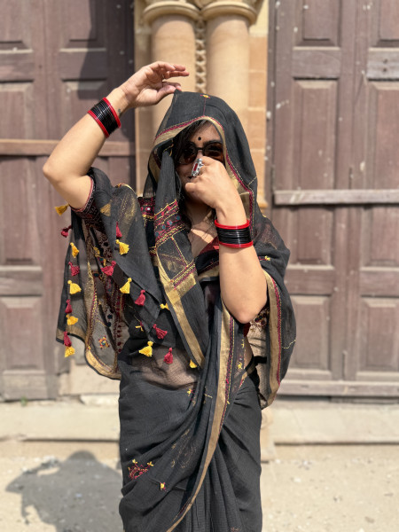 BLACK  KOTA COTTON HAND EMBROIDERED SARI