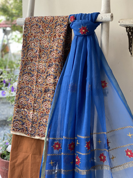 FAWN & BLUE PHULWARI HAND EMBROIDERED KOTA DUPATTA SET