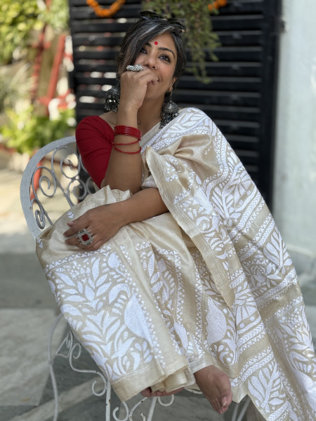 BEIGE KANTHA HAND EMBROIDERED TUSSAR  SILK SARI