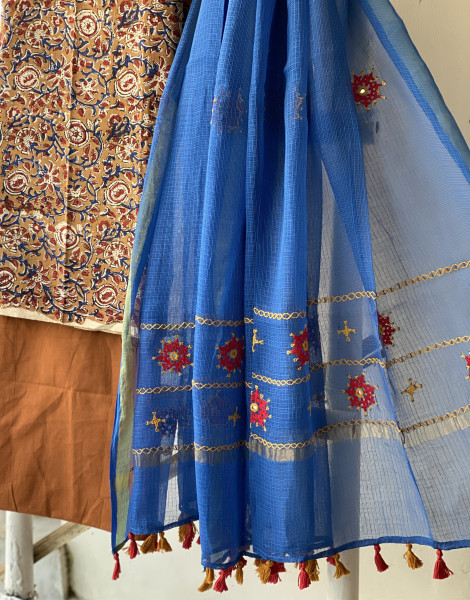 FAWN & BLUE PHULWARI HAND EMBROIDERED KOTA DUPATTA SET