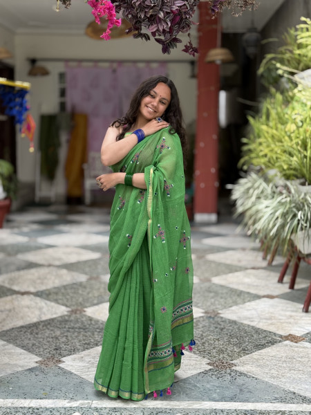 GREEN KOTA COTTON HAND EMBROIDERED SARI