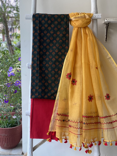 BOTTLE GREEN & YELLOW PHULWARI HAND EMBROIDERED KOTA DUPATTA SET