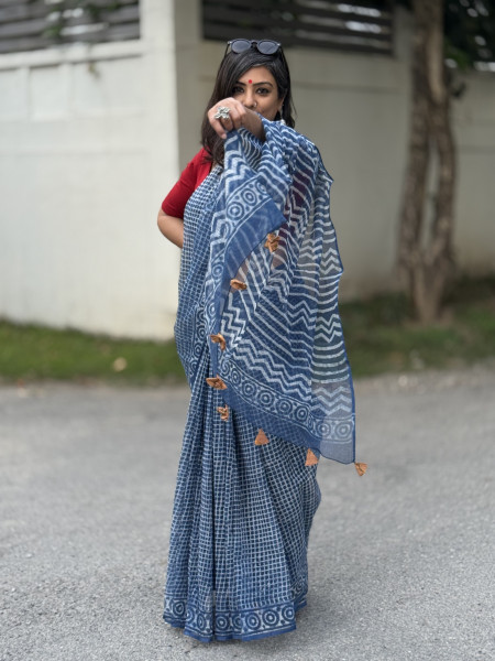 INDIGO HAND BLOCK PRINT COTTON KOTA SARI