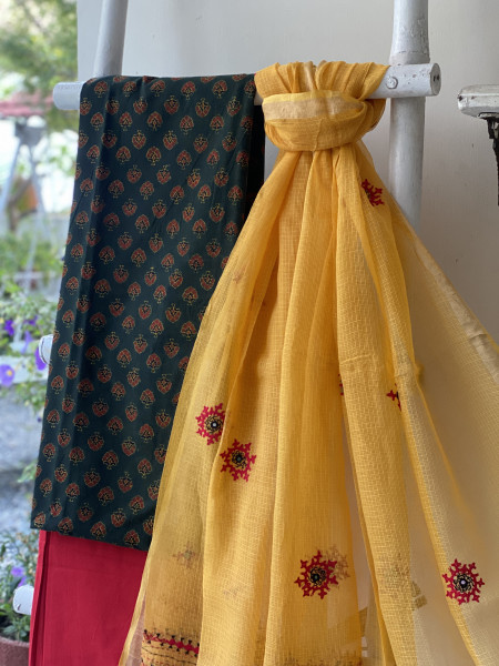 BOTTLE GREEN & YELLOW PHULWARI HAND EMBROIDERED KOTA DUPATTA SET