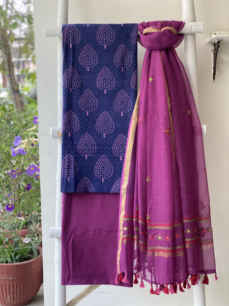 INDIGO & WINE PHULWARI HAND EMBROIDERED KOTA DUPATTA SET