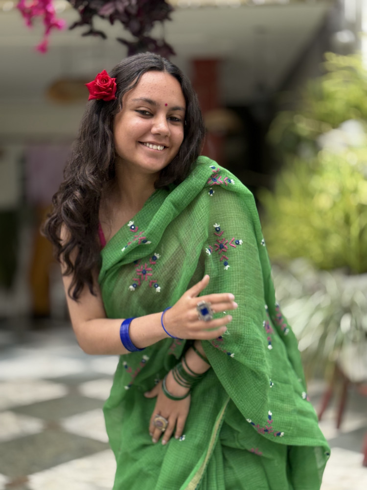 Image of GREEN KOTA COTTON HAND EMBROIDERED SARI