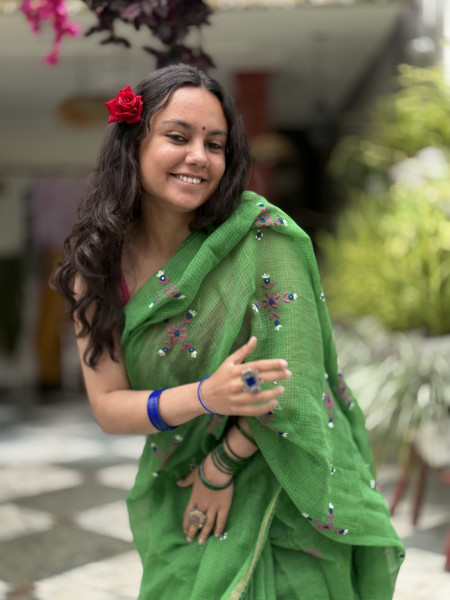 GREEN KOTA COTTON HAND EMBROIDERED SARI