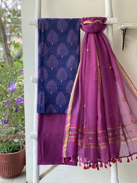 INDIGO & WINE PHULWARI HAND EMBROIDERED KOTA DUPATTA SET